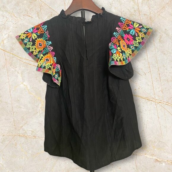 Black Embroidered Colorful Floral Flutter Sleeve Blouse Ruffle Neck Lightweight - Picture 2 of 8